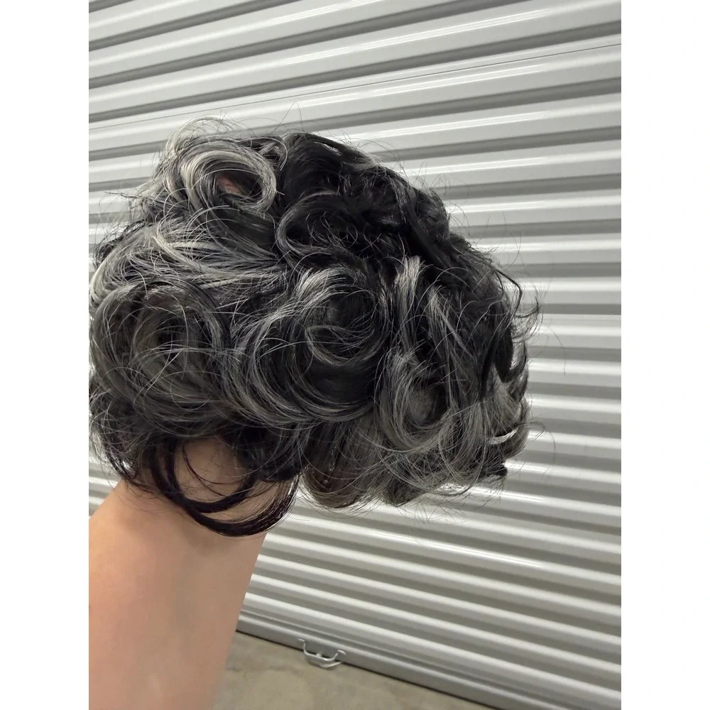 Short Curly Salt and Pepper Wig Black Silver Grey Synthetic Hair JY37037